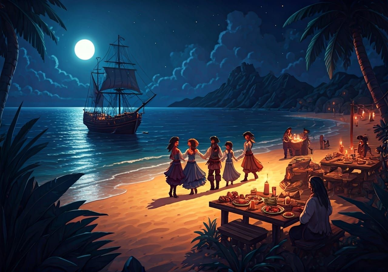 Pirate Feast on a Moonlit Beach