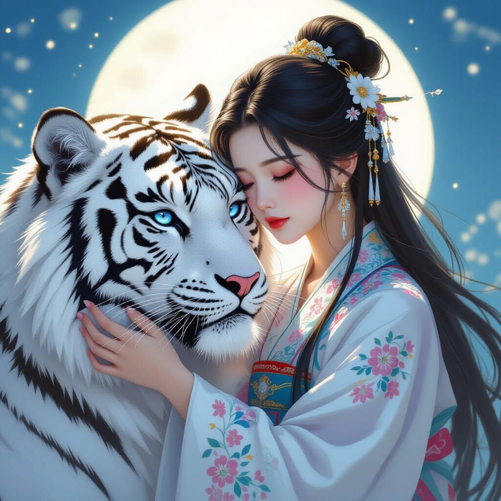 Hanfu Woman and White Tiger in Dreamy Style