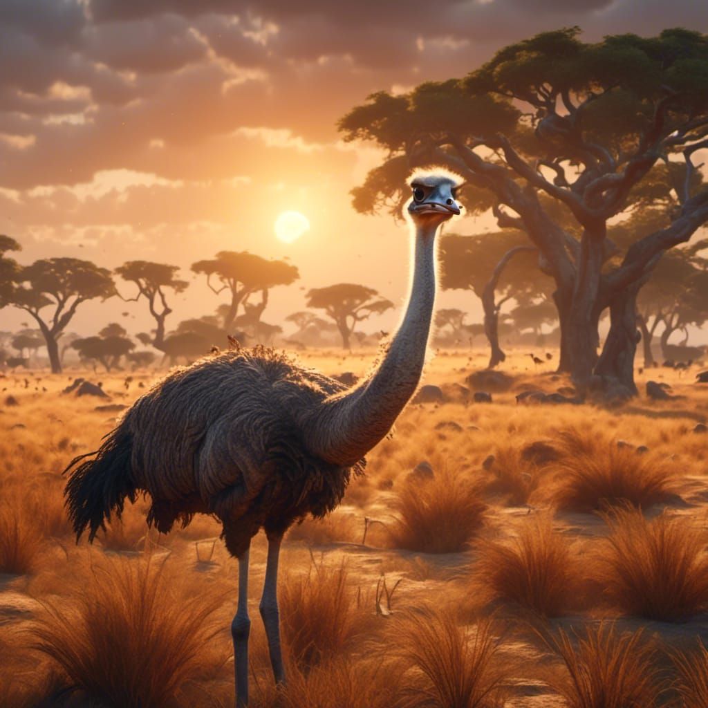 <lora:African Landscape:1.0> Close up of a ostrich in the go...