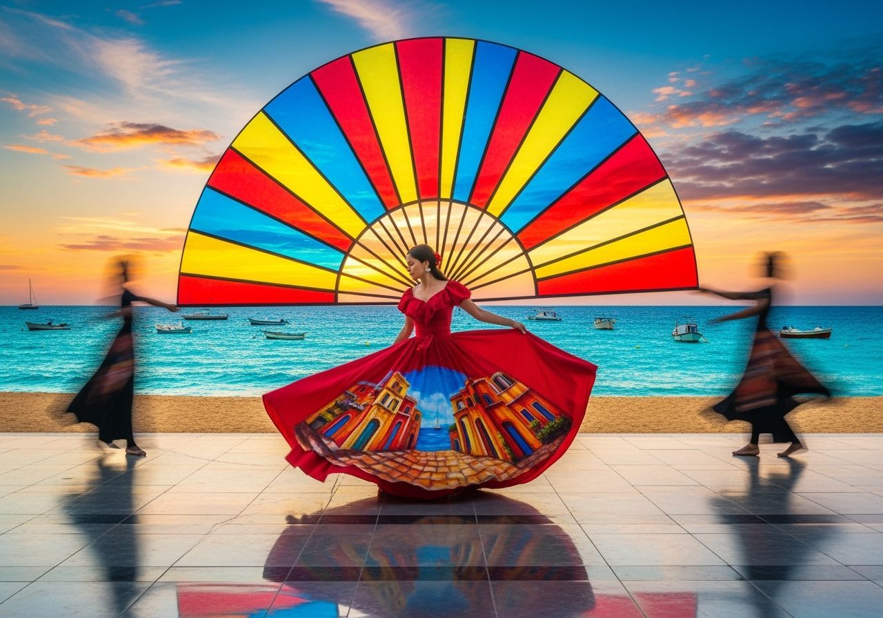 Dancing Woman with Painted Dress and Sunburst Fan