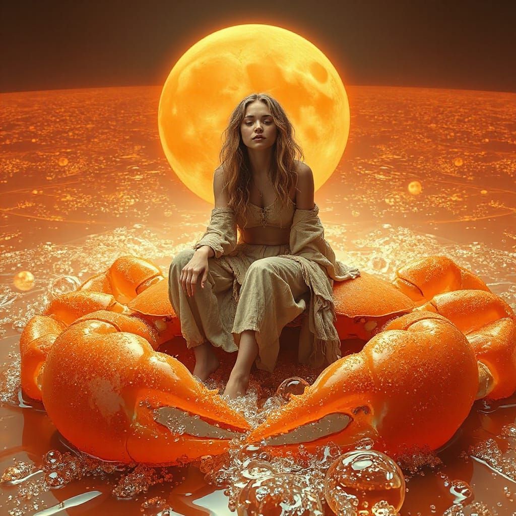 Woman on Gummy Crab in Soda Sea, Enchanting Ambiance