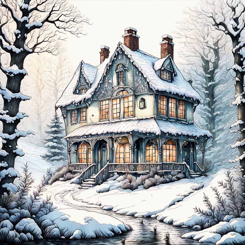 Ornate Winter Cottage Pen and Ink Drawing