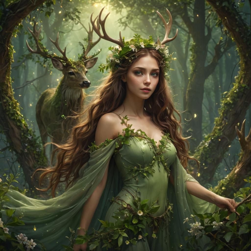 Green Dryad with Deer Antlers, Dark Fantasy Art