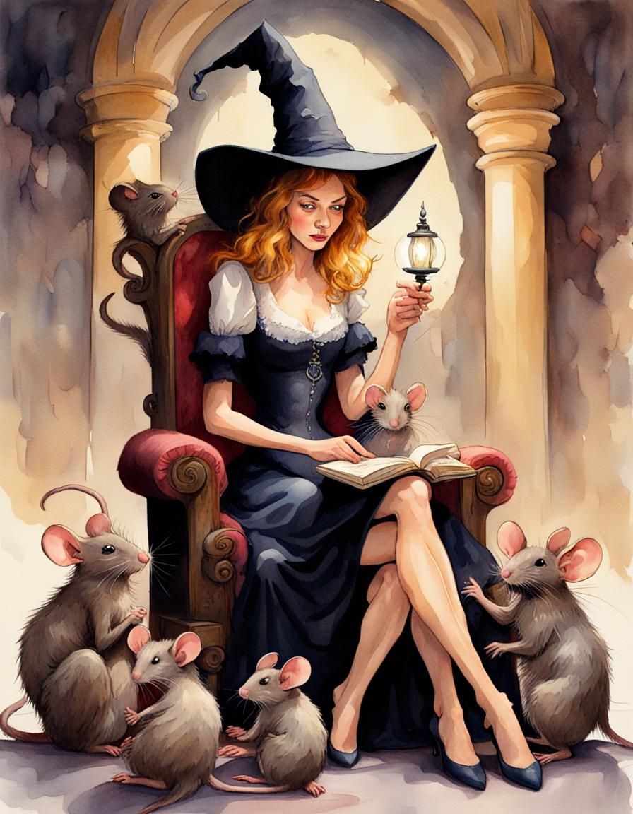 Witch of Mice on Throne, Watercolor Storybook