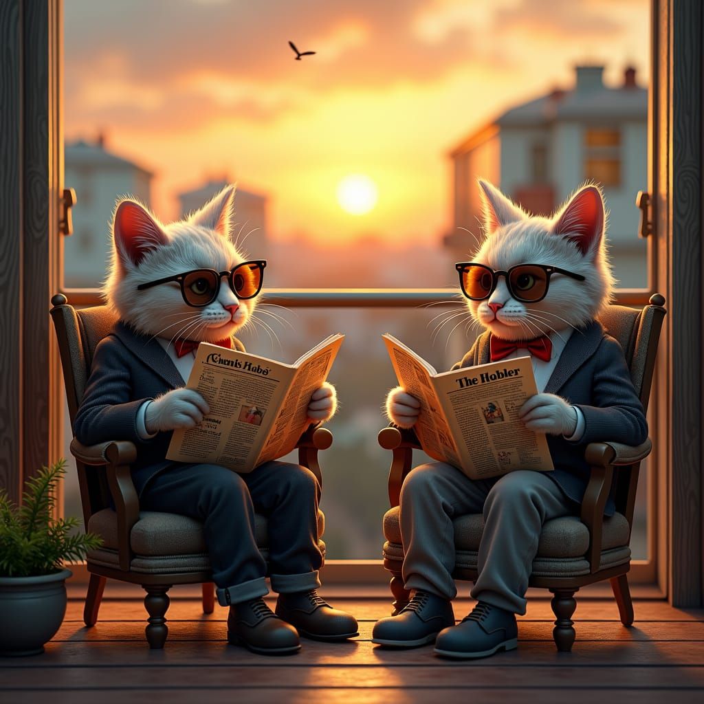 Cats Enjoying Sunset Balcony in Armchairs