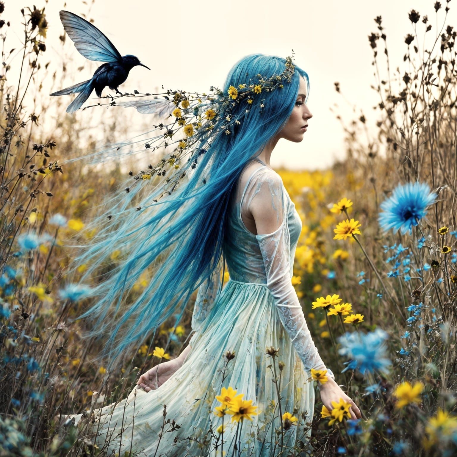 Blue-Haired Fairy in Flower Field, Light Painting Style