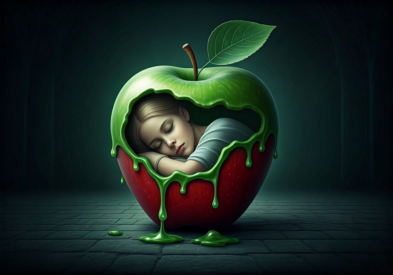 Surreal Dreamer Slumbers Inside a Glowing Green Apple