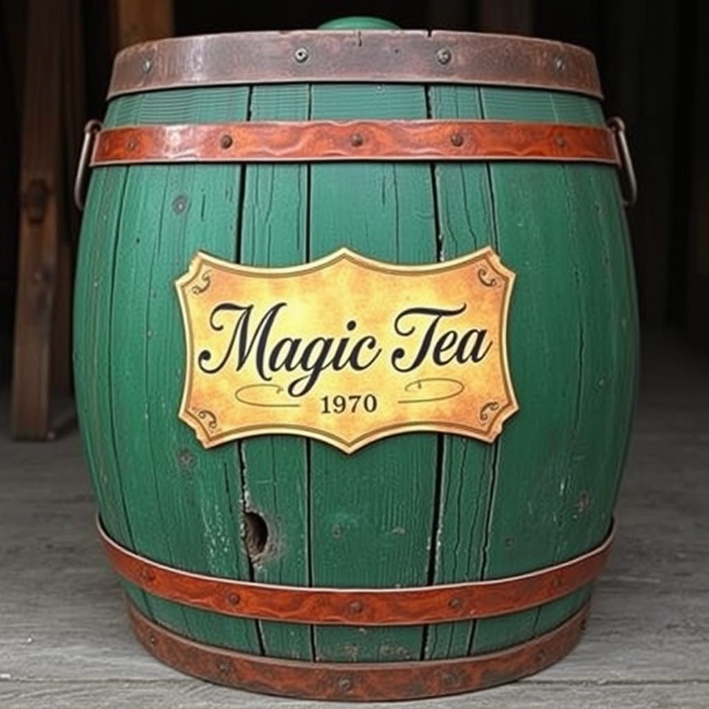 Vintage Green Barrel with Whimsical 'Magic Tea' Label