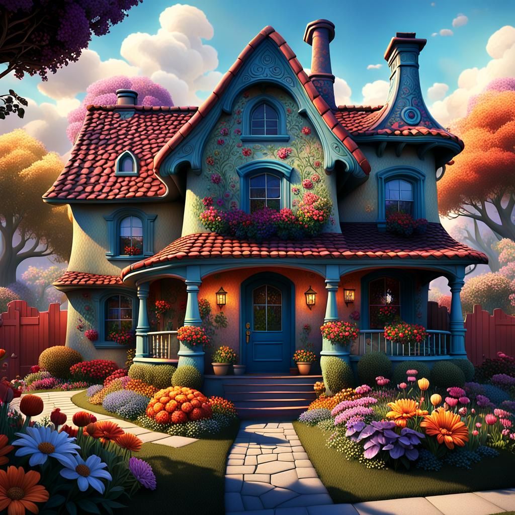 Whimsical House with Vibrant Front Yard as Matte Painting
