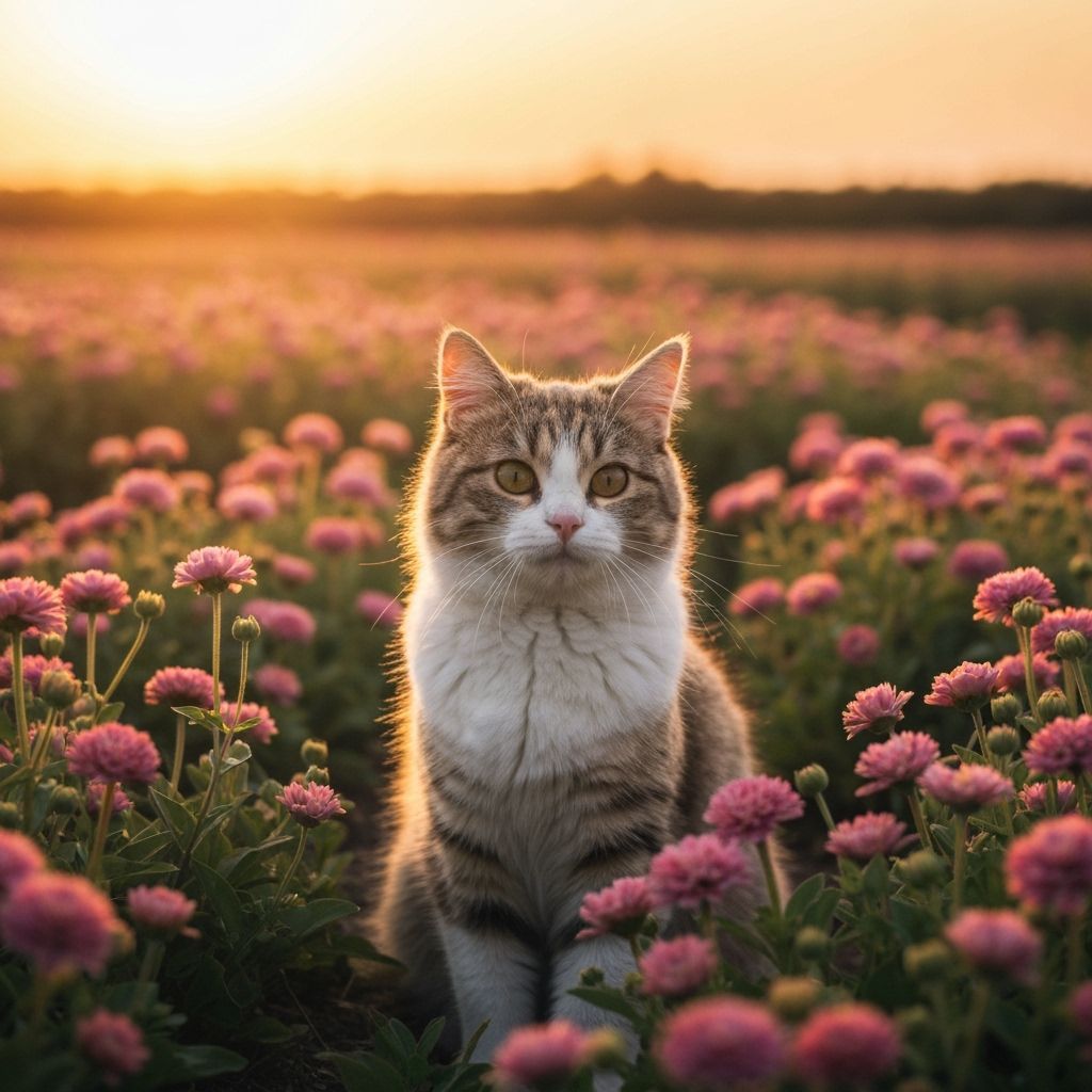 Black Cat in Lush Garden in Pre-Raphaelite Style