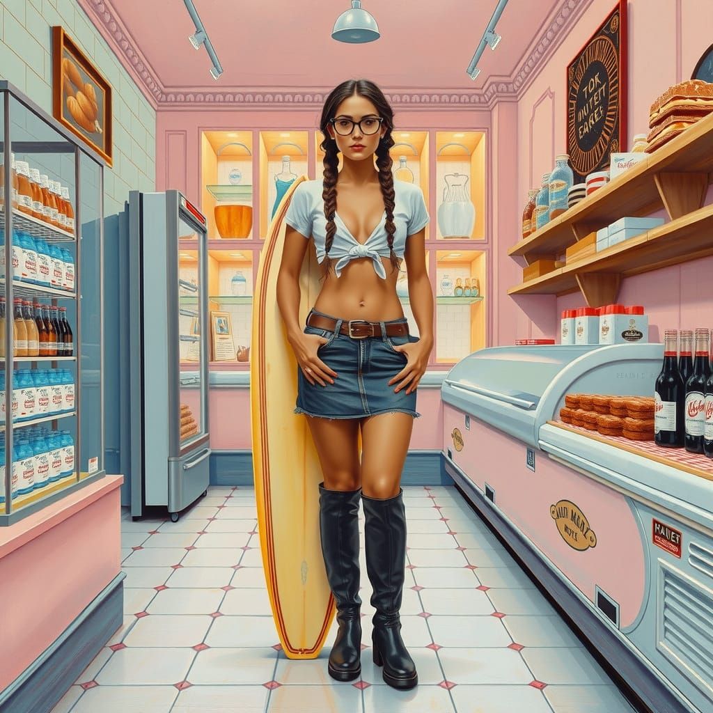 In a bakery with a surfboard