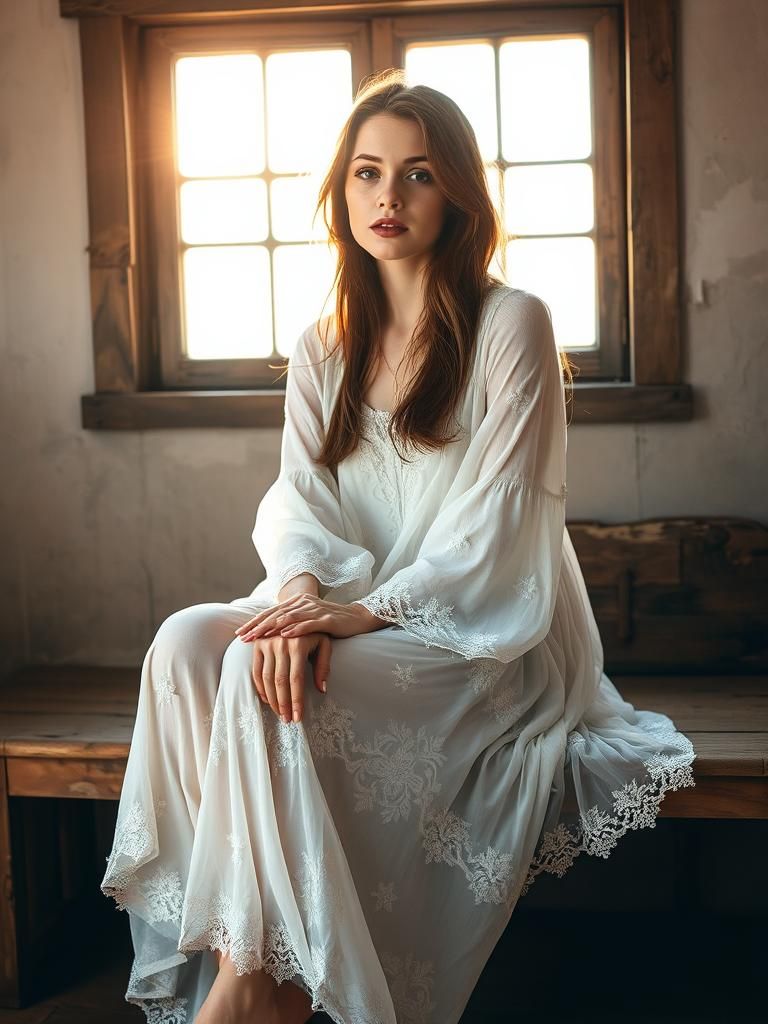 Ethereal Woman in Sunlit Room with Embroidered Dress