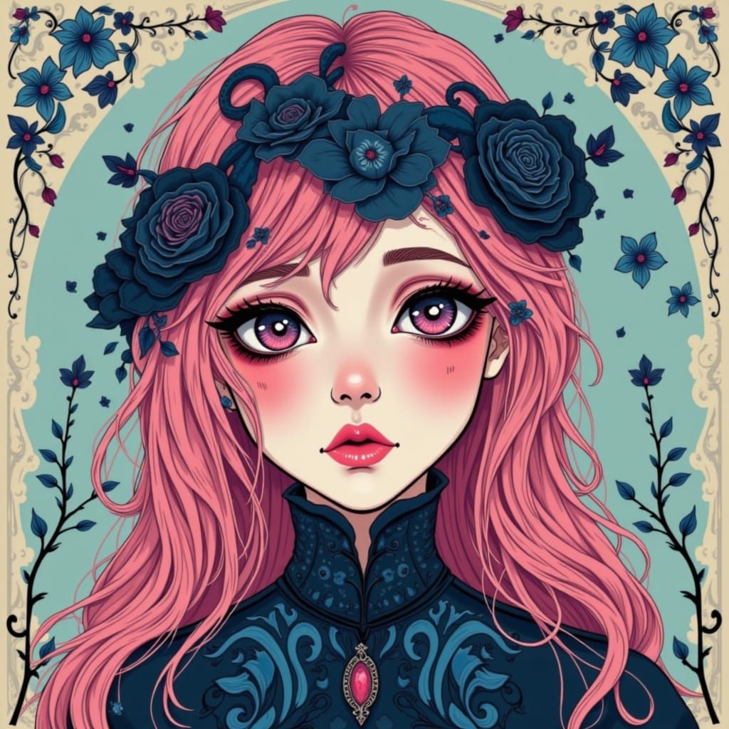 Emo Goth Dreamer with Pink Hair and Blue Highlights