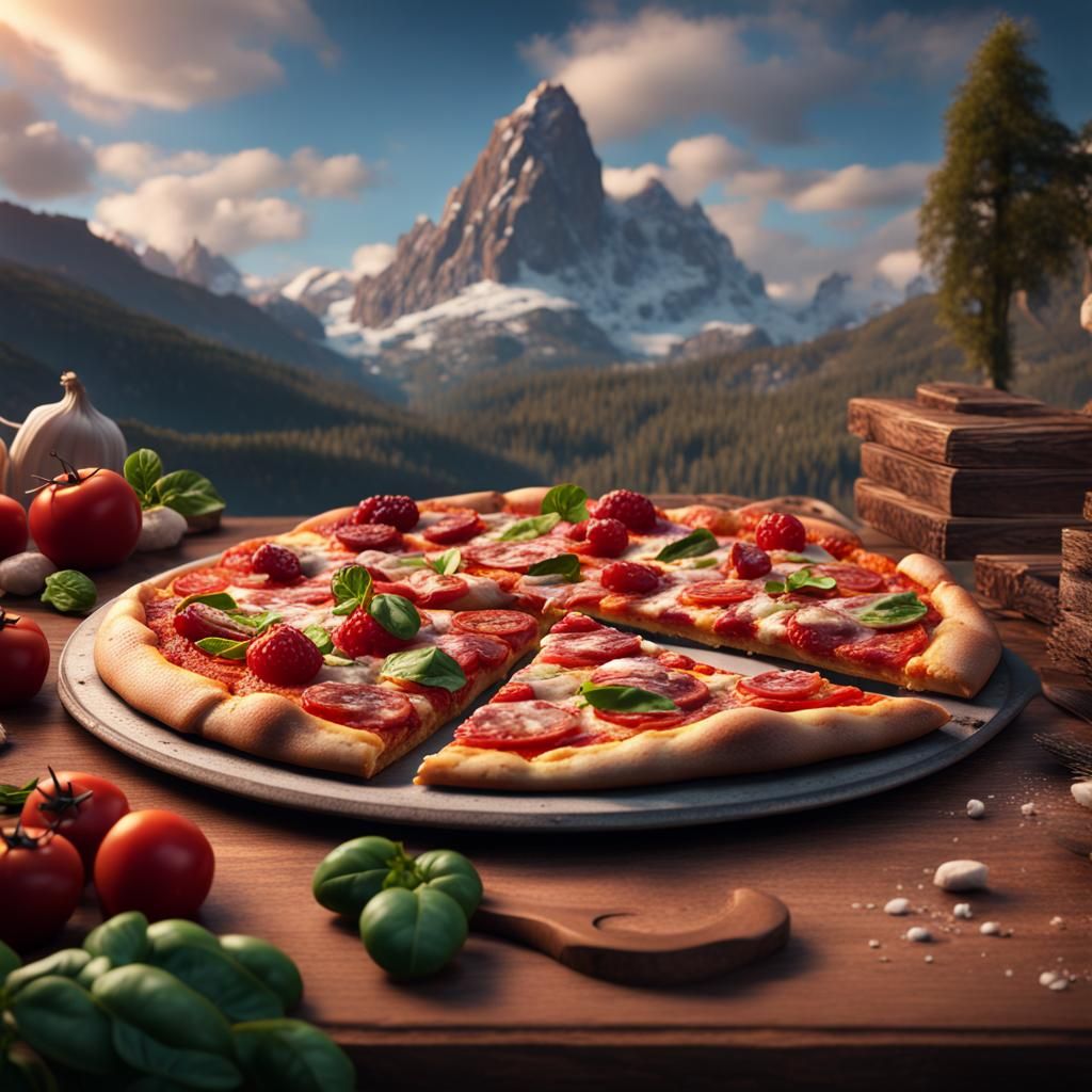 Pizza Slice with Mountain View in Matte Painting Style
