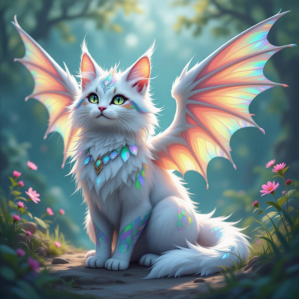 Dragon Cat with Iridescent Wings in Fantasy Style