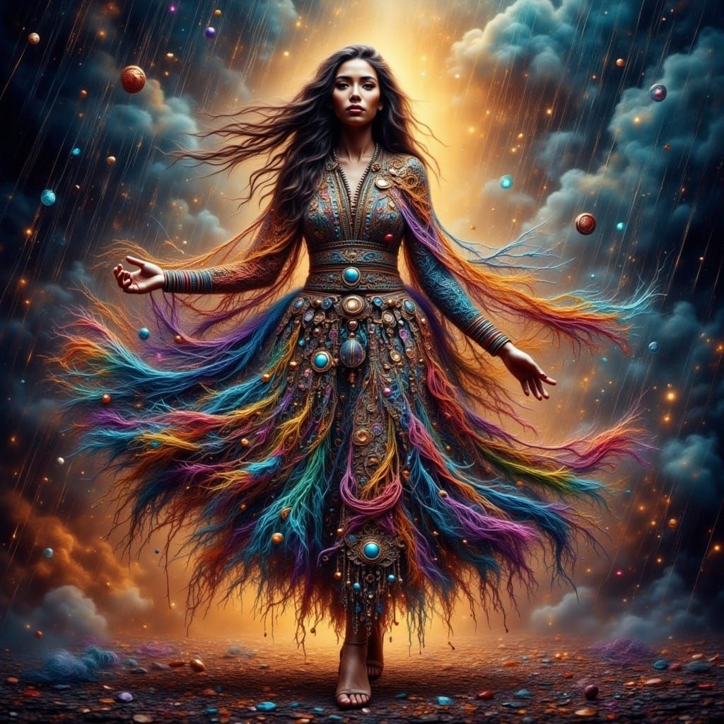 Majestic Woman in Jewel-Toned Shawl, Shimmering in Stormy Li...