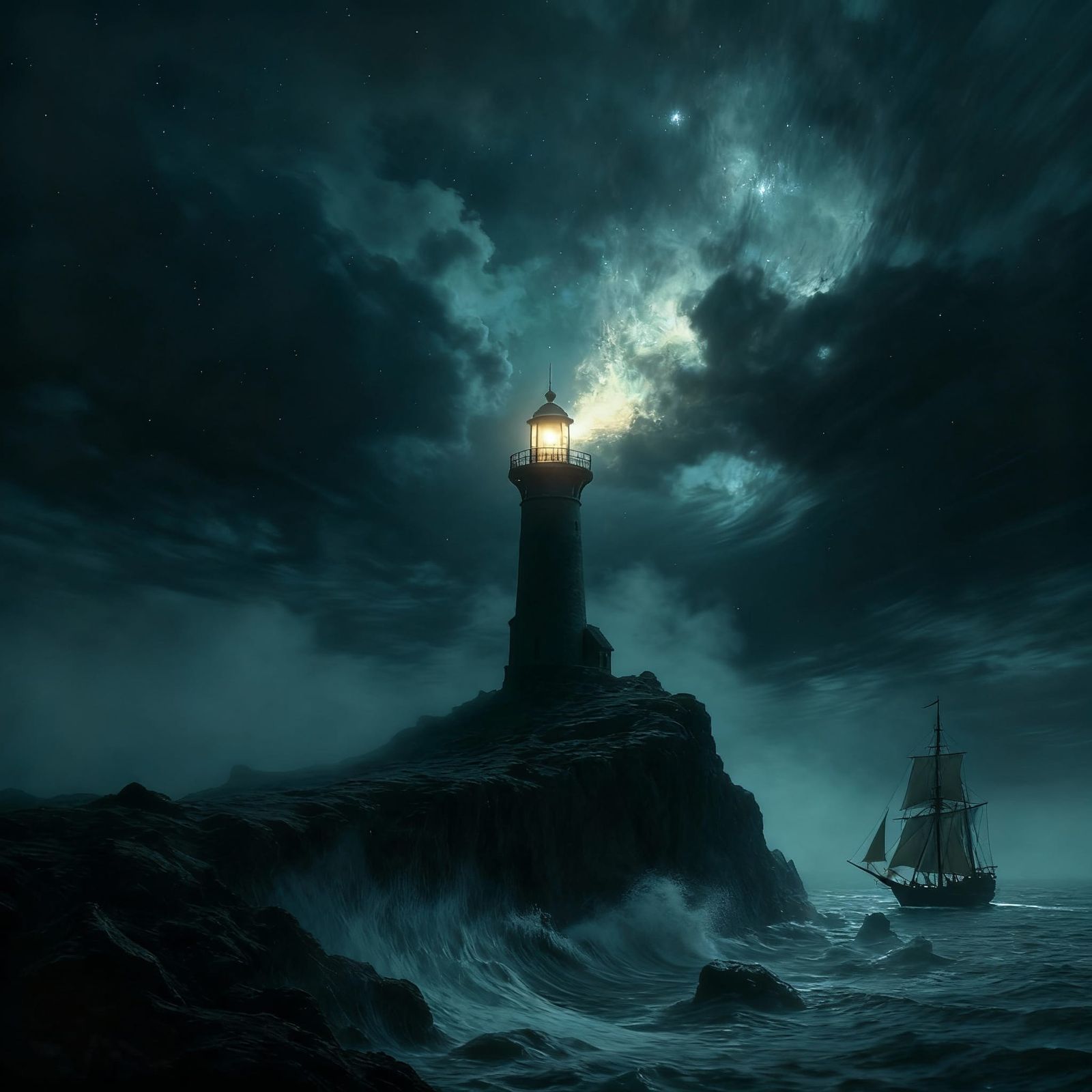 Cosmic Horror Lighthouse in Swirling Nebulae