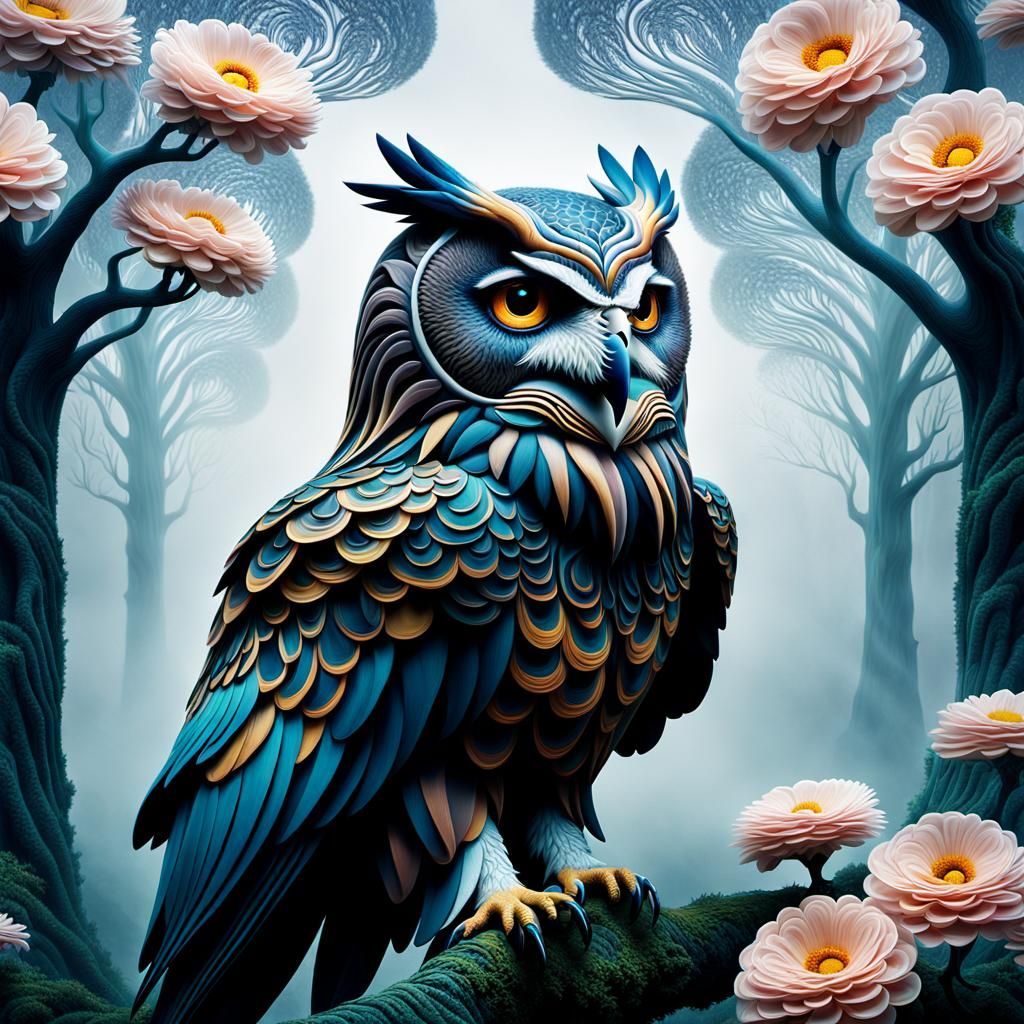 Surreal Owl-Eagle Hybrid in Dreamlike Landscape