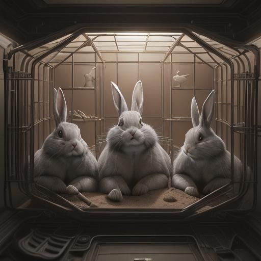 three gray rabbits laying in a rabbit cage on Mars