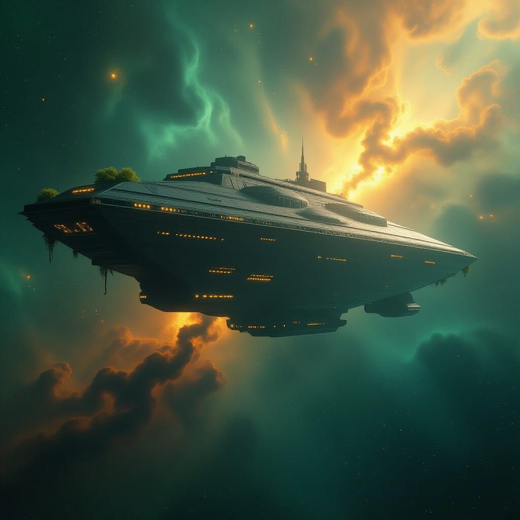 Ancient Spaceship Drifts Through Emerald Nebula