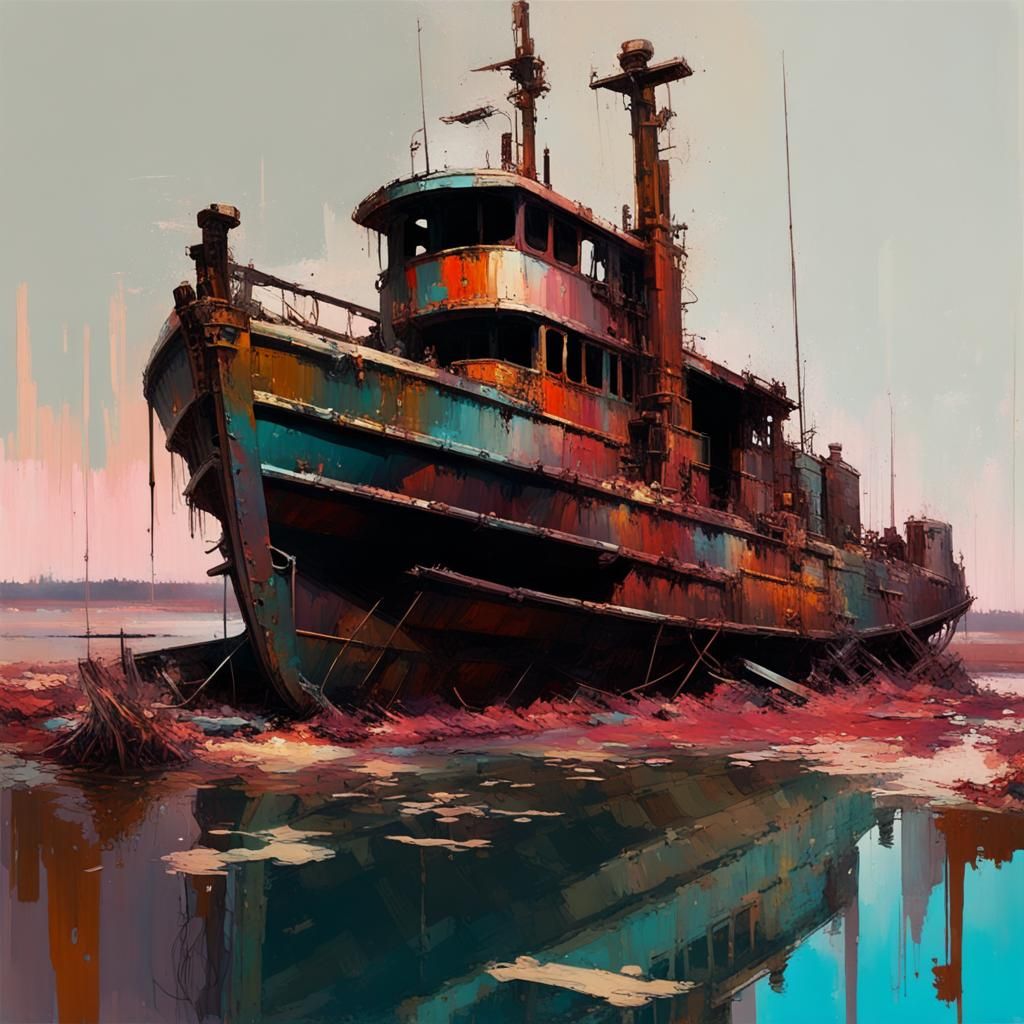 Glitched Abandoned Gunboat as Maximalist Painting
