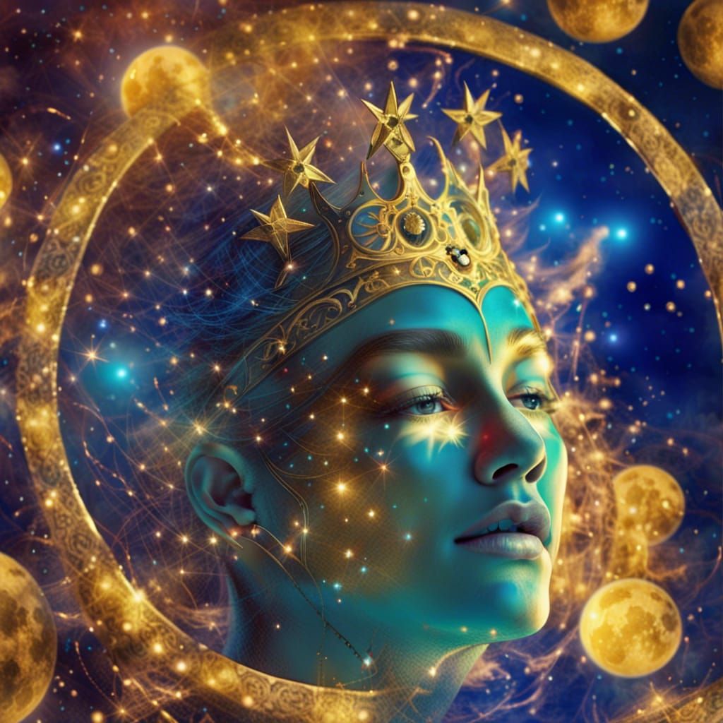 Moon Goddess with Gold Crown and Stars