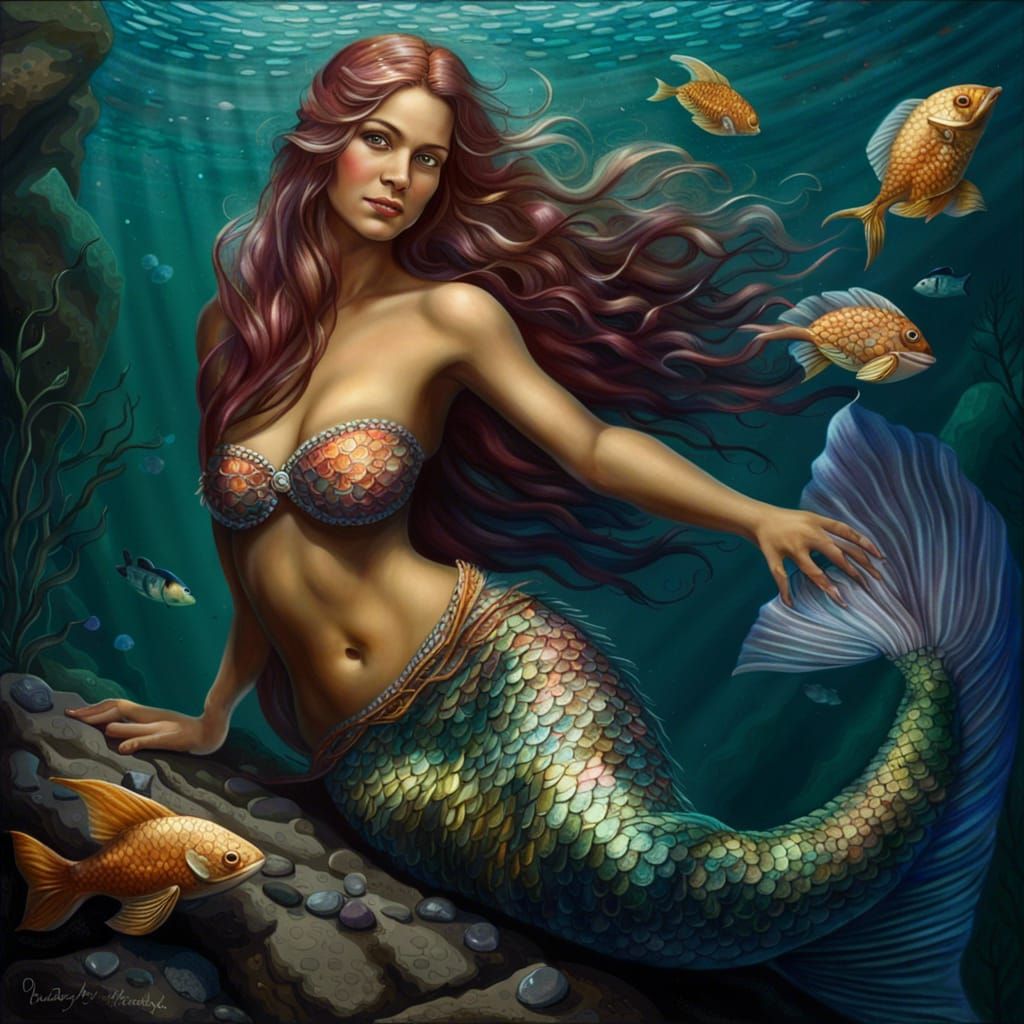 A Luminous Mermaid Reclines in Hyperdetailed Sea Scene