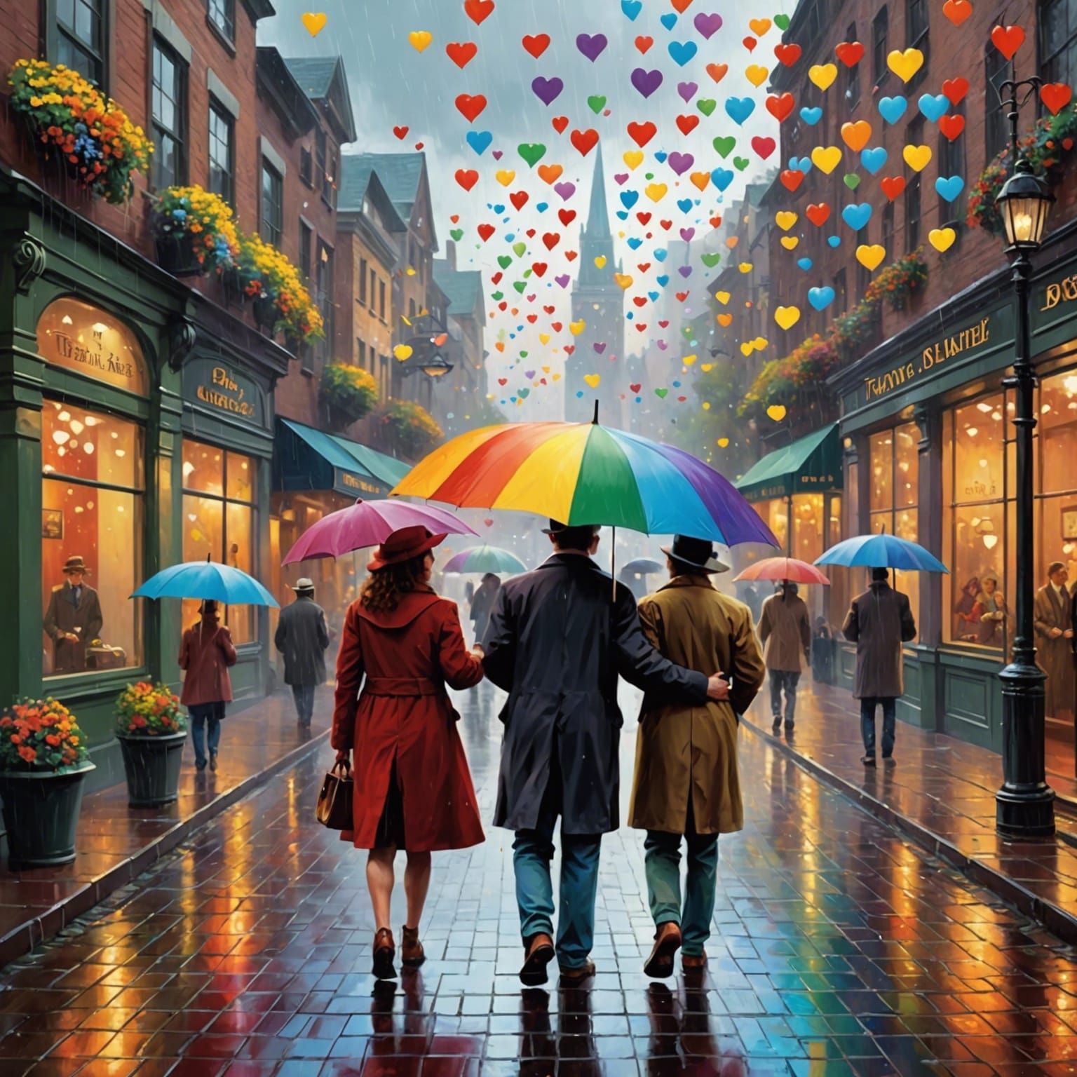 Rainbow Hearts: Luminist Cityscape with Umbrellas