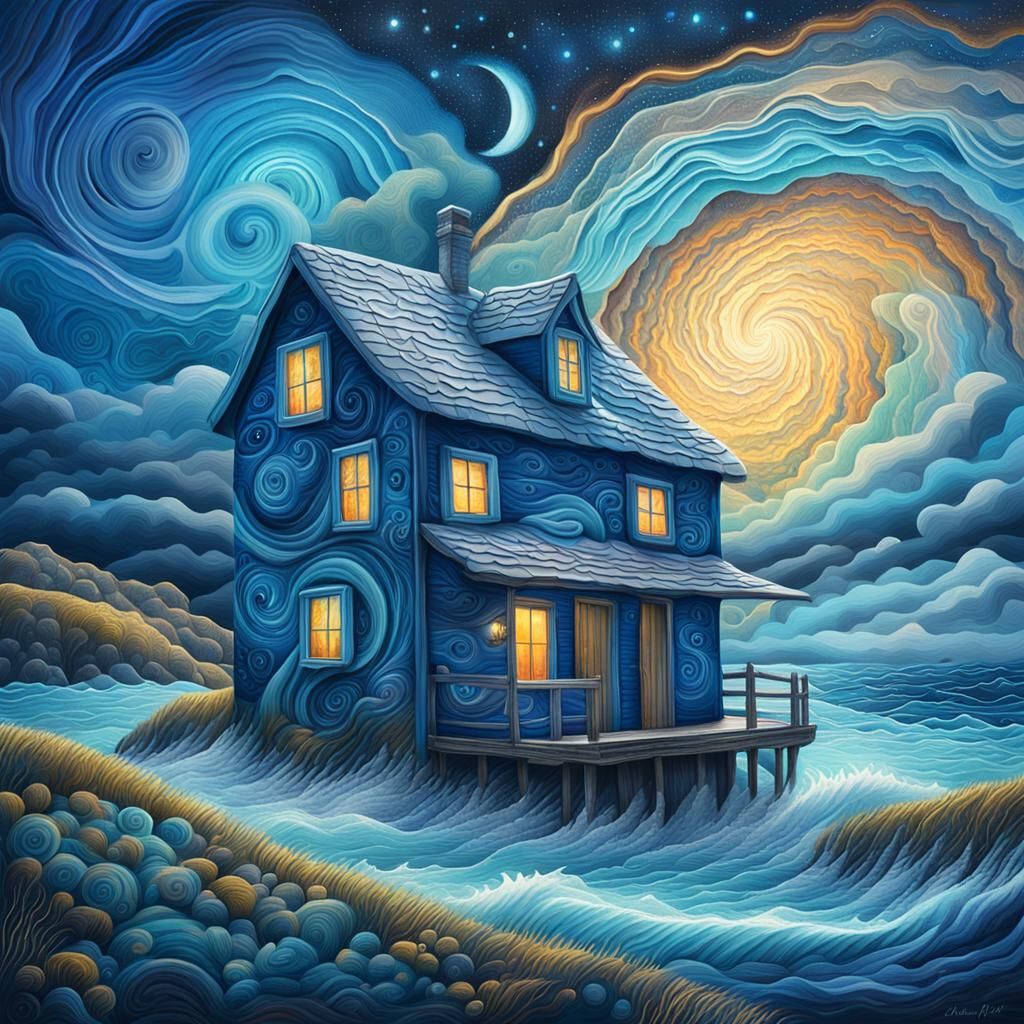 Cosmic Cottage Overlooking Stormy Sea: Astral Illustration