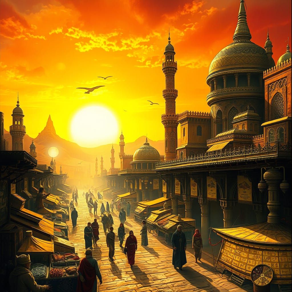 Golden Desert Cityscape in Surrealist Futurist Style