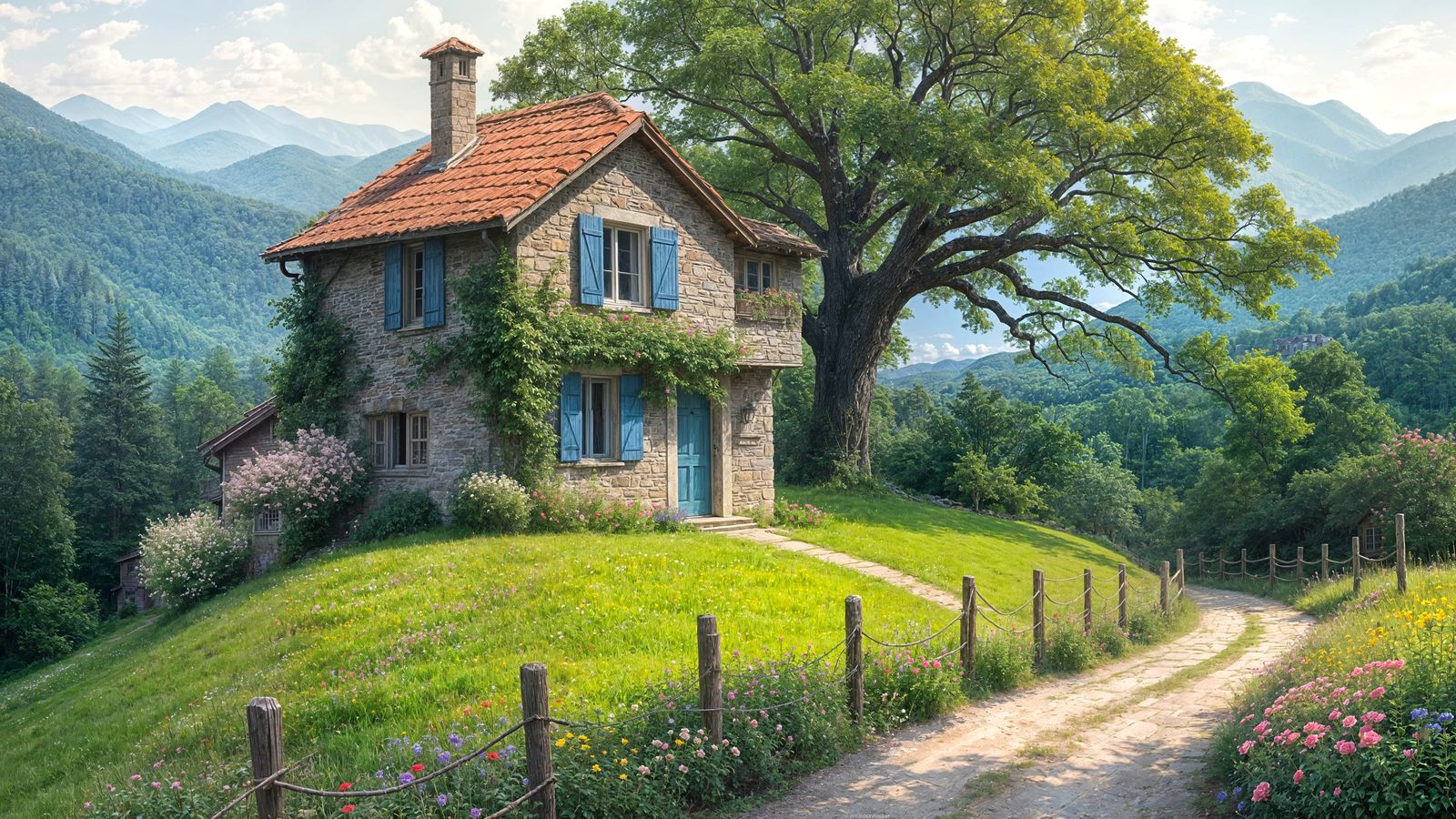 Cozy Stone Cottage Amidst Blooming Wildflowers and Majestic ...