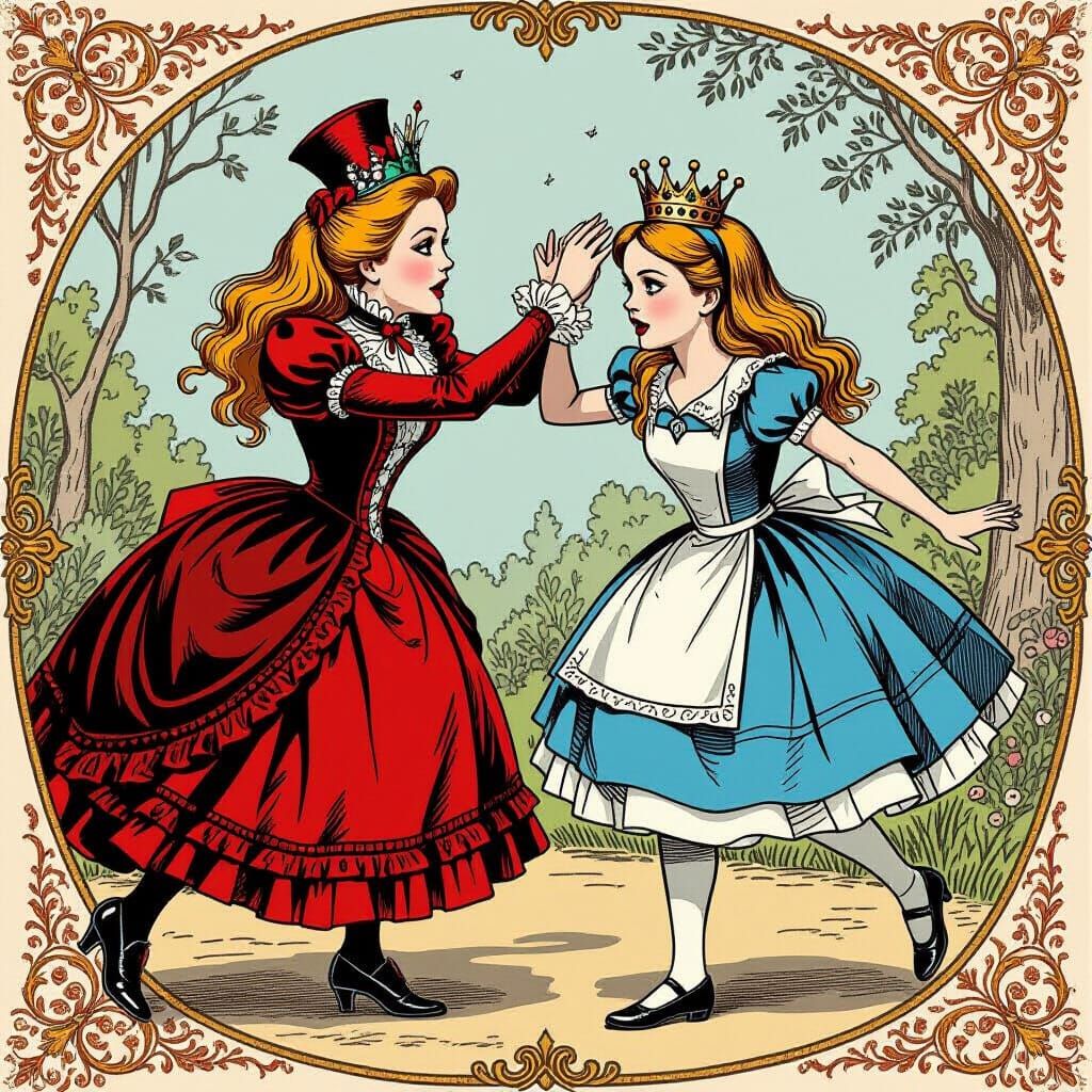 Red Queen Steals Alice's Crown in Whimsical Style