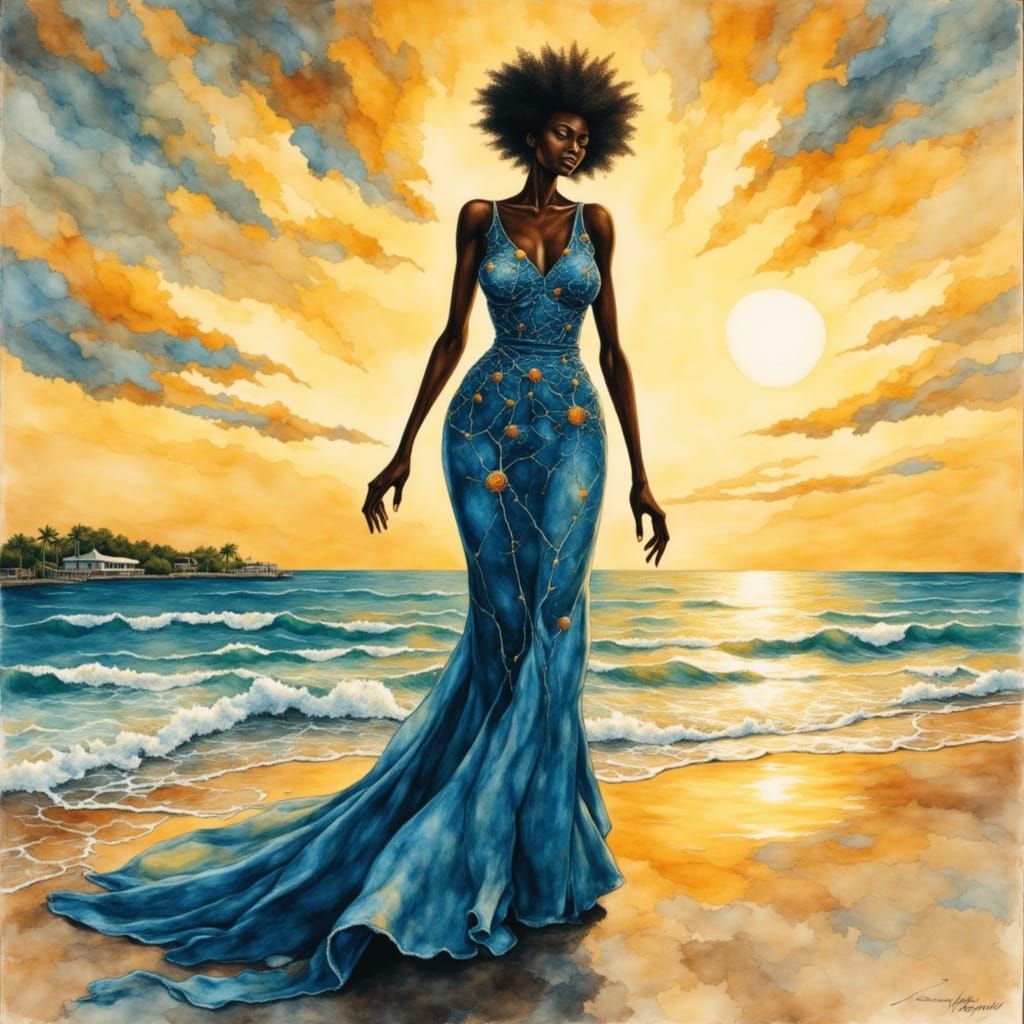 Black Woman in Star Dress on Bahamas Beach at Golden Hour