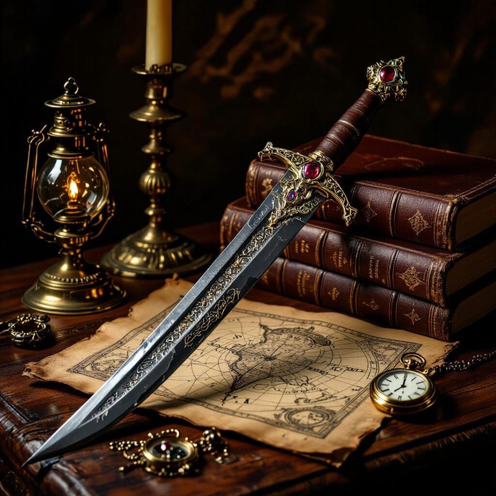 Ornate Sword Still Life with Dramatic Lighting