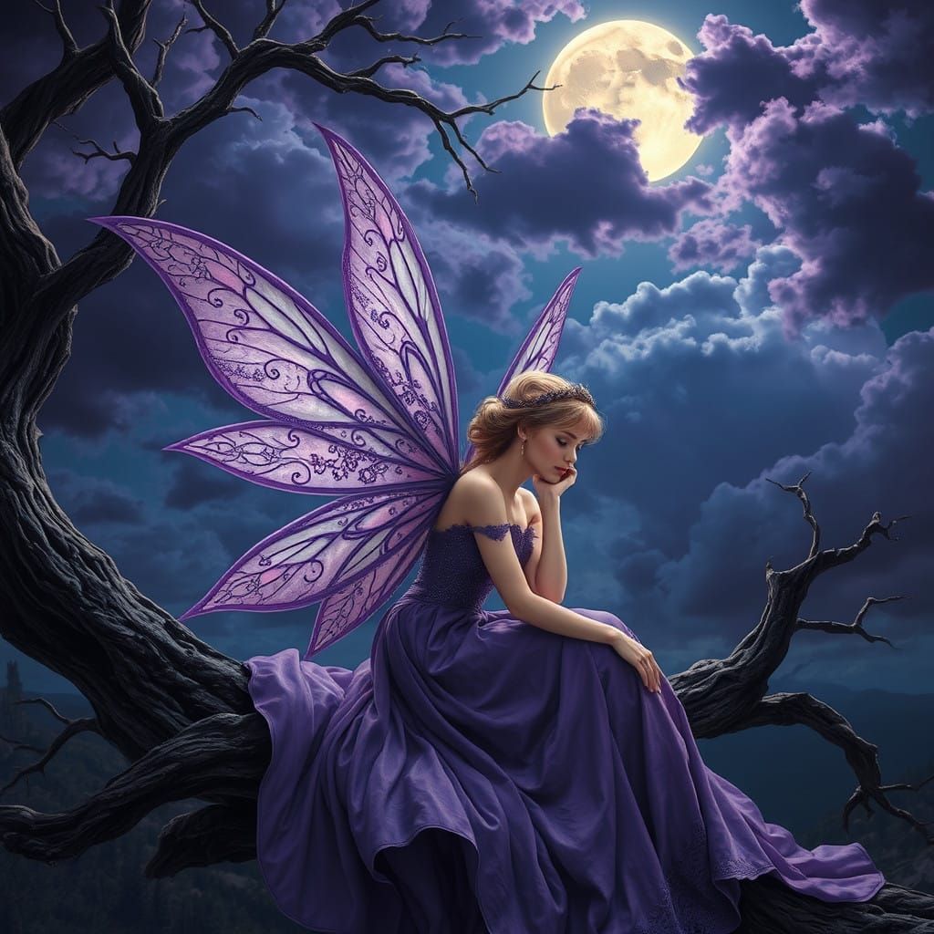 Ethereal Fairy in Velvet Gown Beside Twisted Tree
