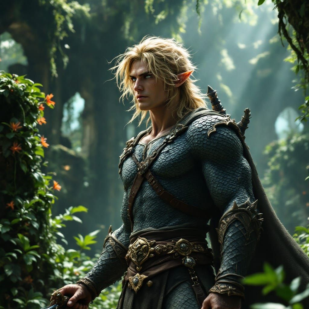 Majestic Scale-Covered Hero Stands in Ancient Jungle Ruin