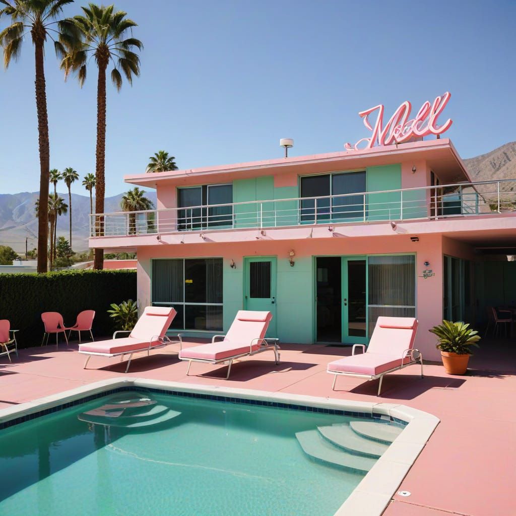 Retro 1950s Motel with Turquoise Pool and Palm Springs Style