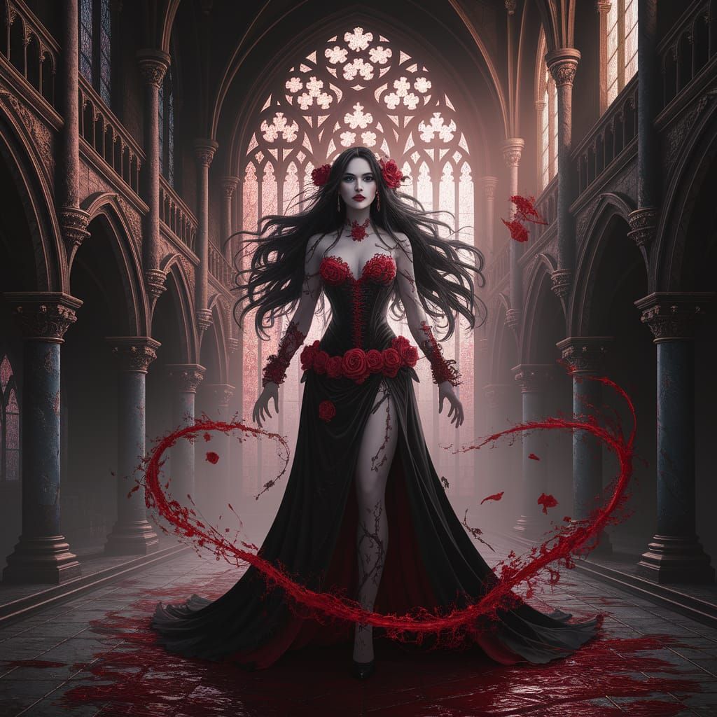 Gothic Vampire Goddess in Decaying Cathedral