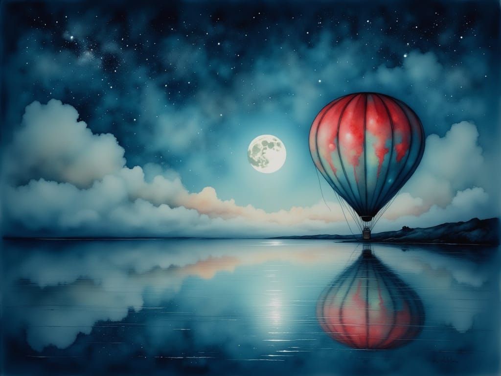 Night Sky Hot Air Balloon in Ethereal Landscape