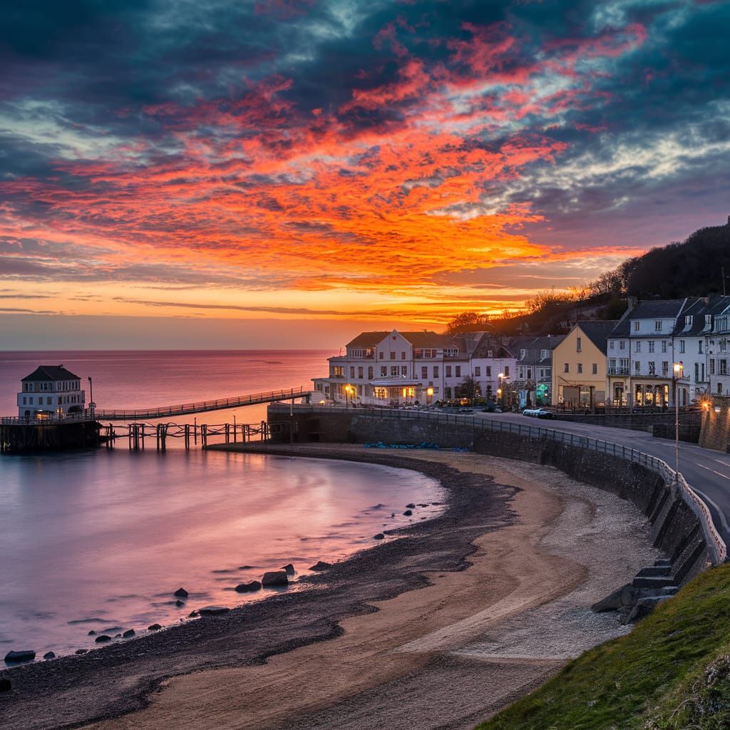Picturesque Coastal Town at Twilight in Golden Light