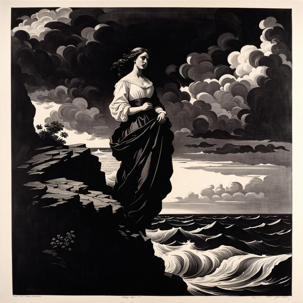 Woman on Cliff in Stormy Waters, Ink Print