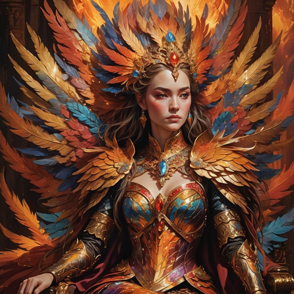 Regal Phoenix Queen on Throne: Fantasy Art