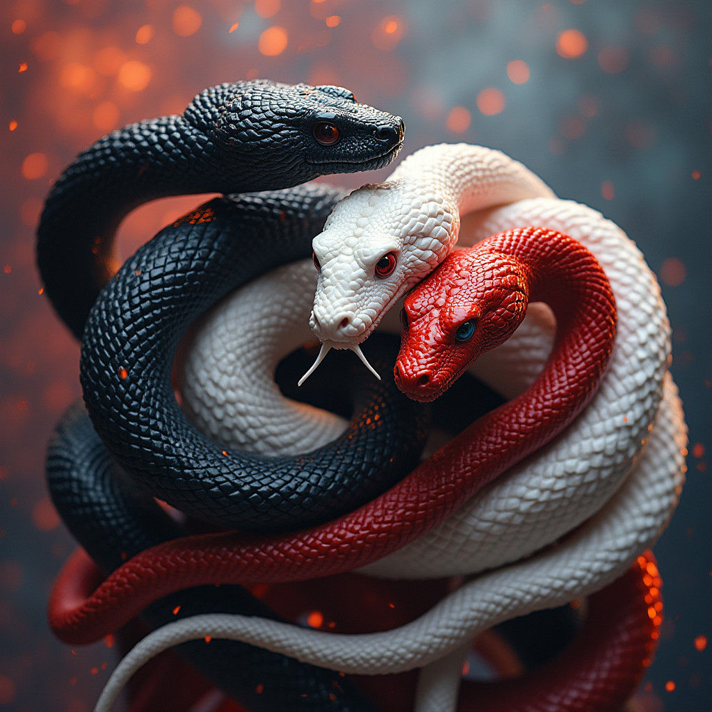 Entwined Snakes in Hyperrealistic Splash Art