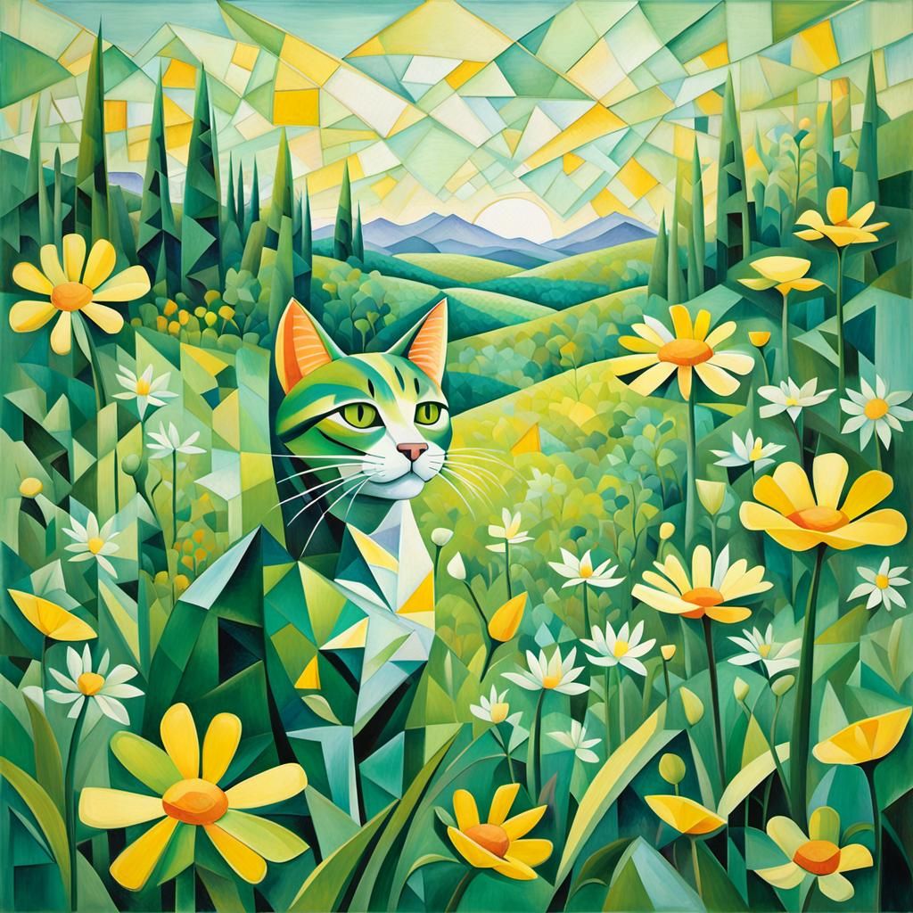 Cat, in the flowers field, cubism 😻🌼