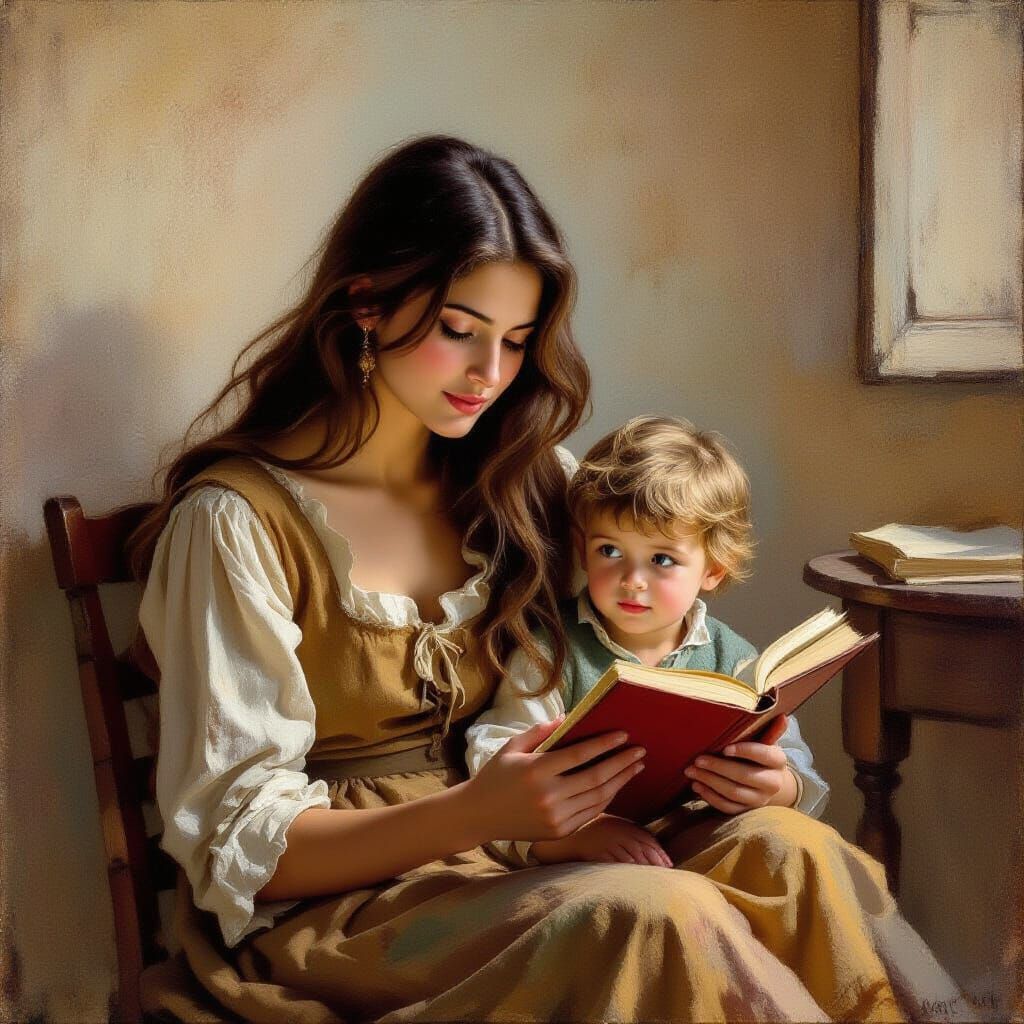 Mother and Son Reading, Impressionistic Style
