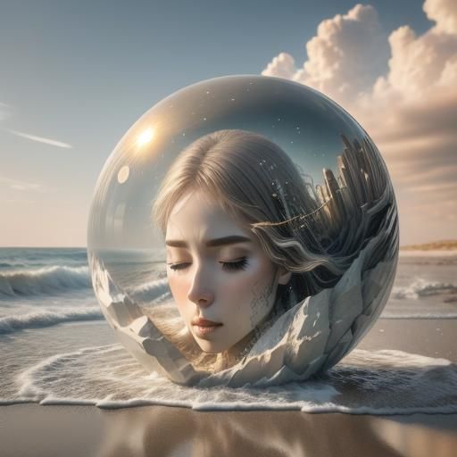 Surreal Face Sculpture on Beach in Digital Art