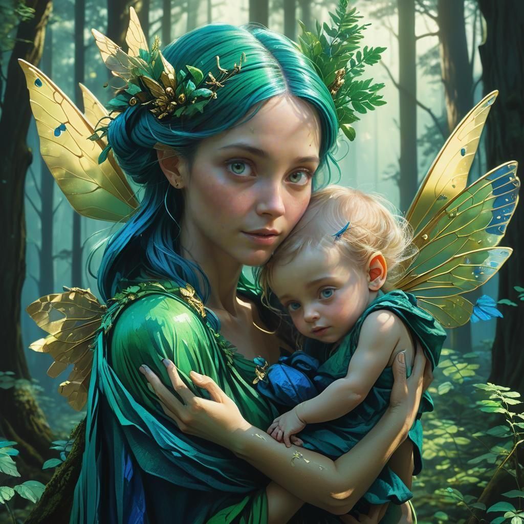 Beautiful Fairy Cradling Baby in Enchanting Forest
