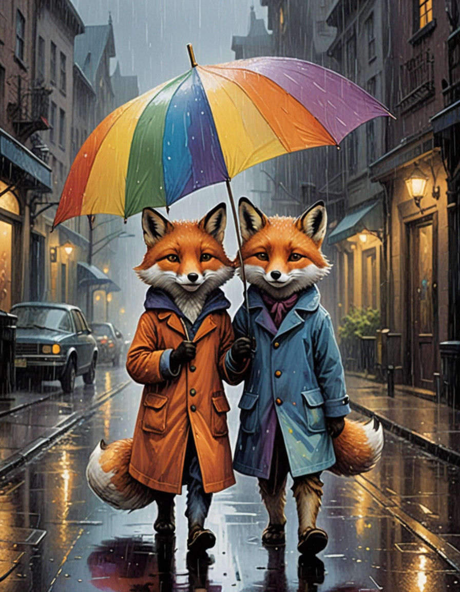Rainy Night Foxes Under a Rainbow Umbrella in Whimsical Wate...
