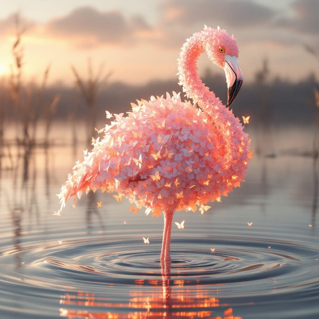 Surreal Flamingo Made of Butterflies at Sunrise
