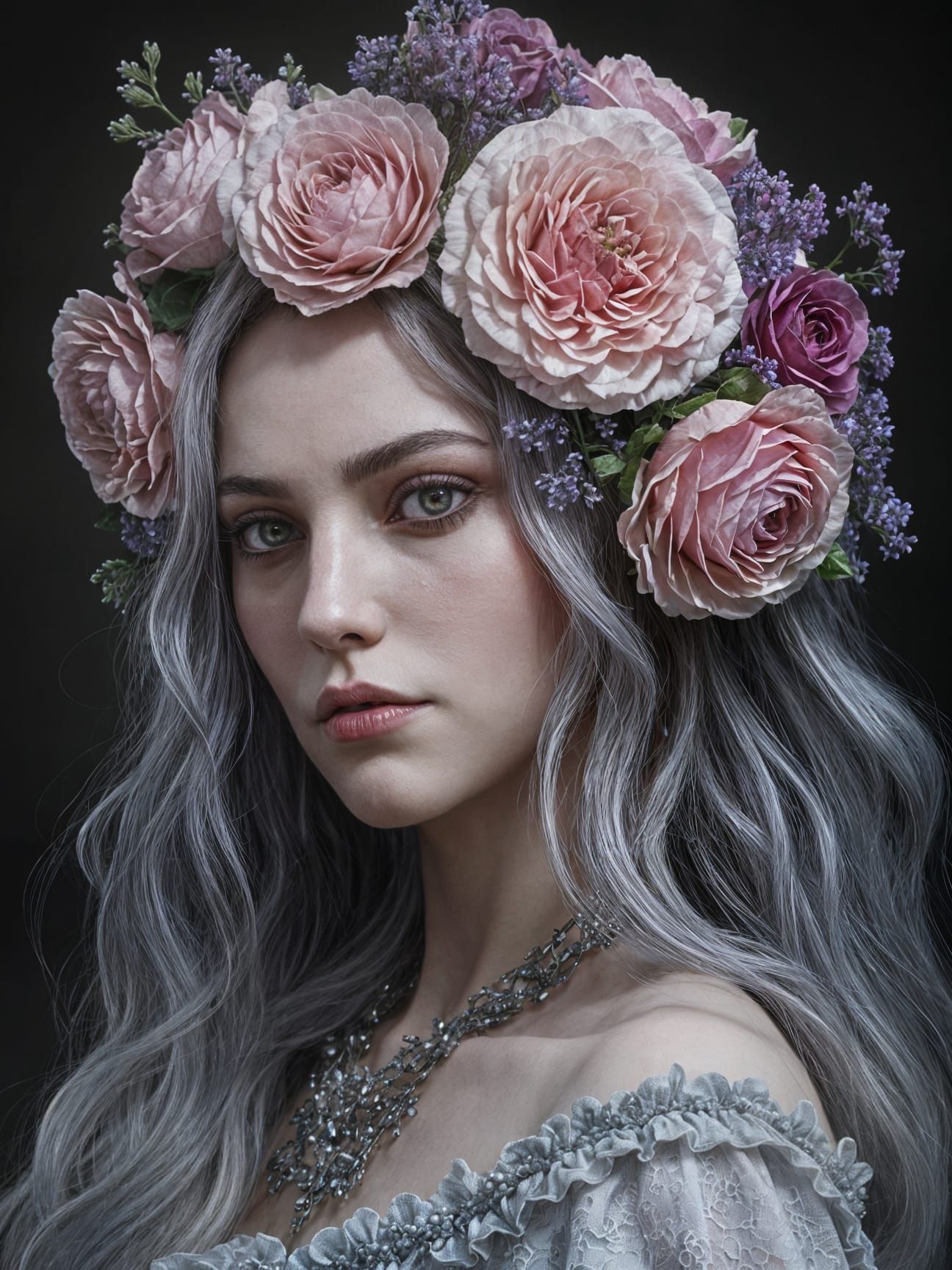 Gothic Fantasy Portrait of a Woman with Floral Hair